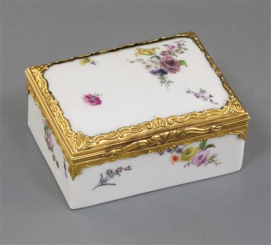 A Meissen gold mounted table snuff box, mid 18th century, W. 6.8cm, lid cracked